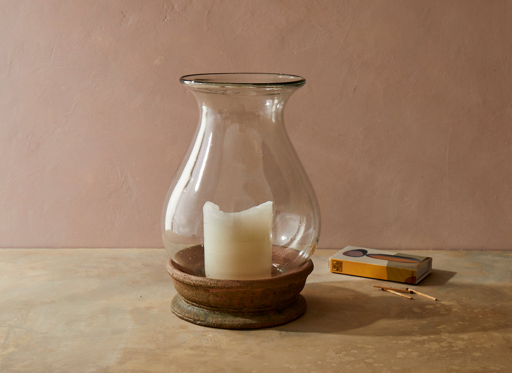 Aged Terracotta and Hand Blown Glass Hurricane Lantern, Small