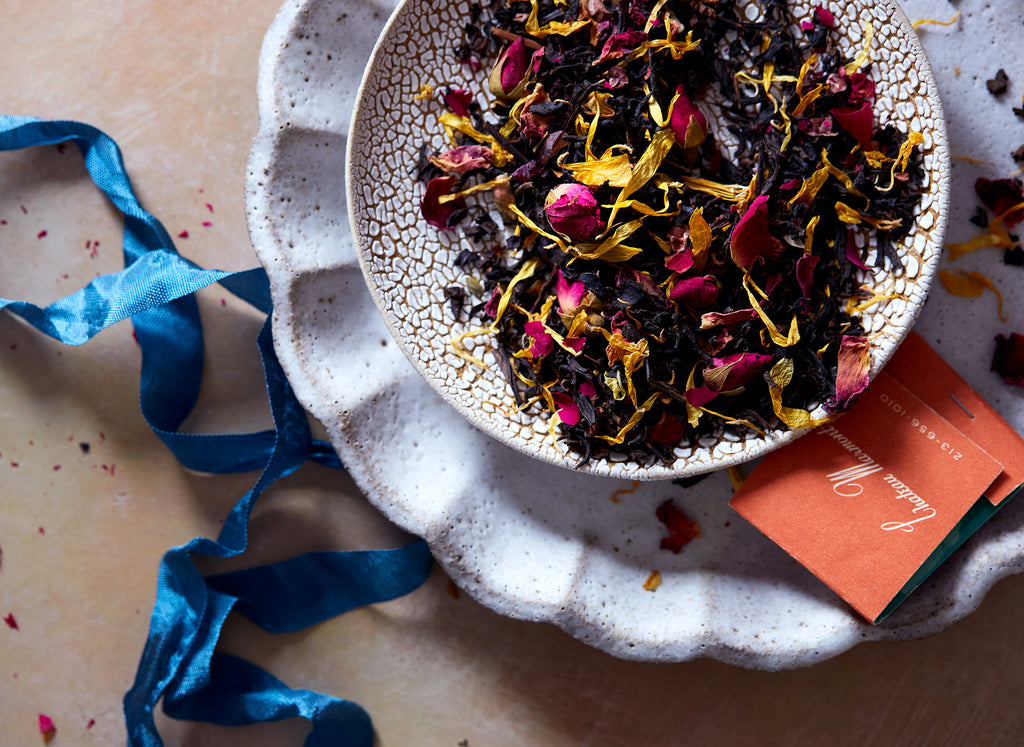 Our delightful Valentine Tea, a black tea blend with notes of lychee, rose, and chocolate is as charming as a heart-shaped box of chocolates. 