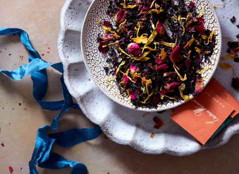 Our delightful Valentine Tea, a black tea blend with notes of lychee, rose, and chocolate is as charming as a heart-shaped box of chocolates. 